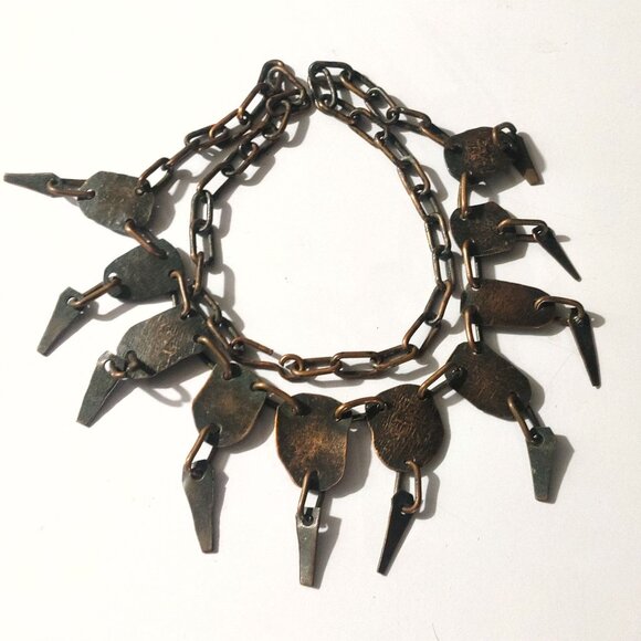 Vintage Brass Bib Necklace Etched Abstract Adjustable Chain Tribal Statement - Picture 14 of 16